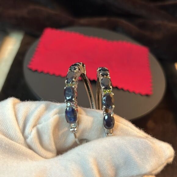 Midnight Sapphire and Multi-Tourmaline Hoop Earrings Stainless Steel 11.35 ctw - Picture 7 of 15